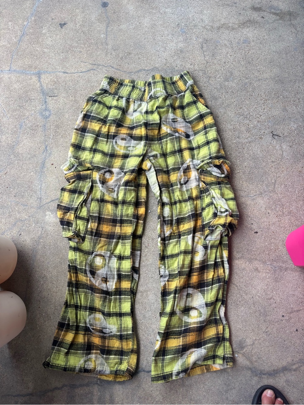 BDG Yellow Plaid Cargo Trousers with Egg Motif